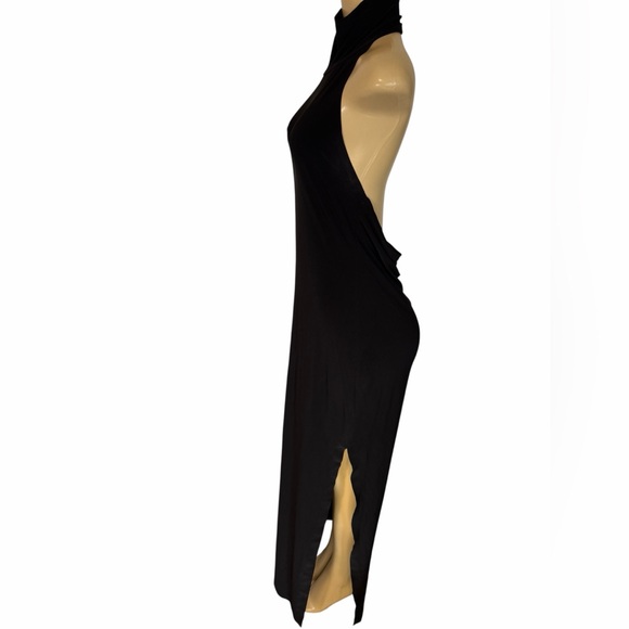 Norma Kamali Halter Turtleneck Side Slit Gown stretchy pullover black dress lrg - Picture 4 of 7